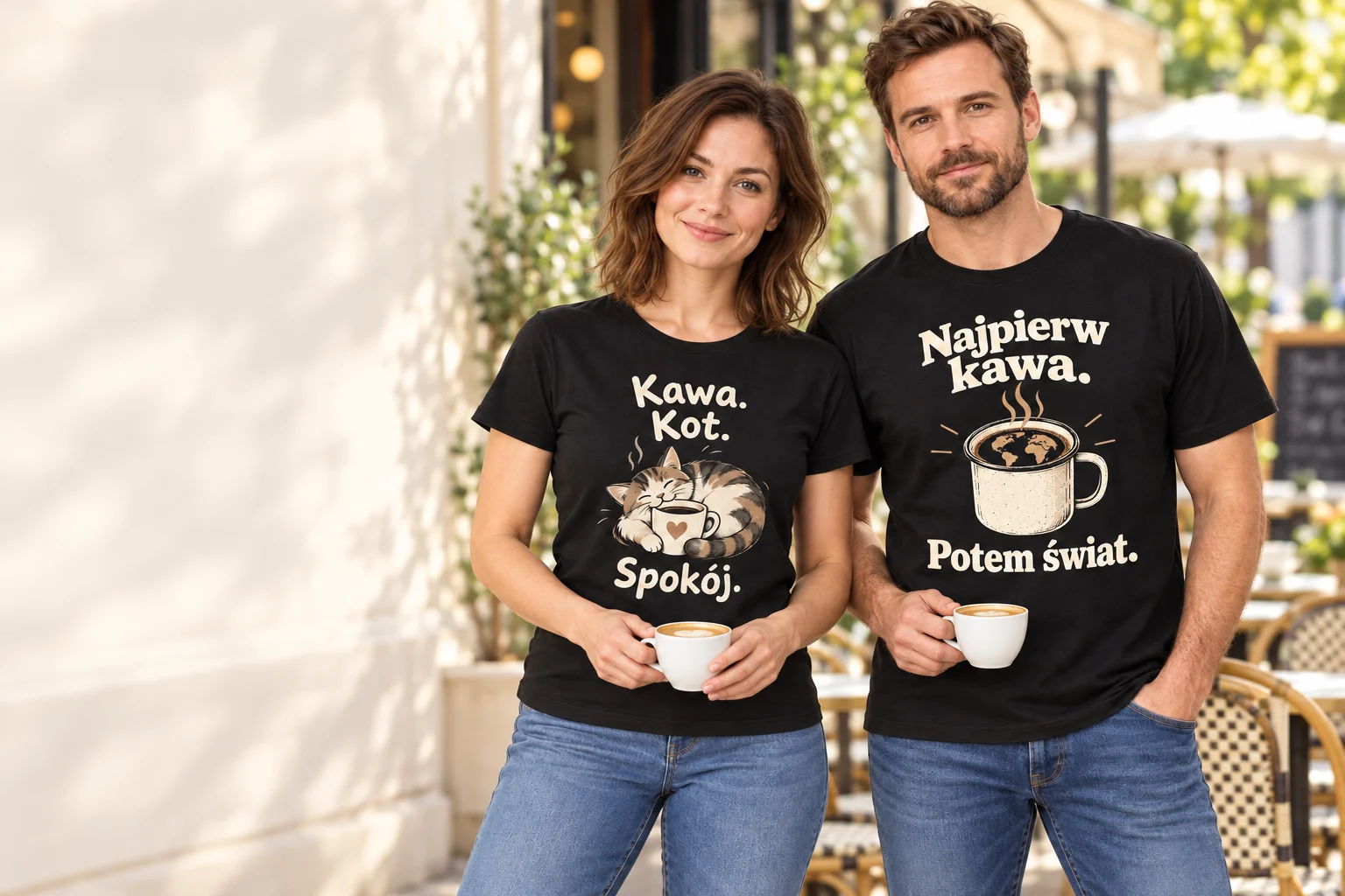 Para przed kawiarnią w koszulkach Kawa. Kot. Spokój. i Najpierw kawa. Potem świat.
