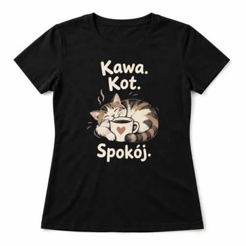 Koszulka damska Kawa. Kot. Spokój. — widok produktu z przodu