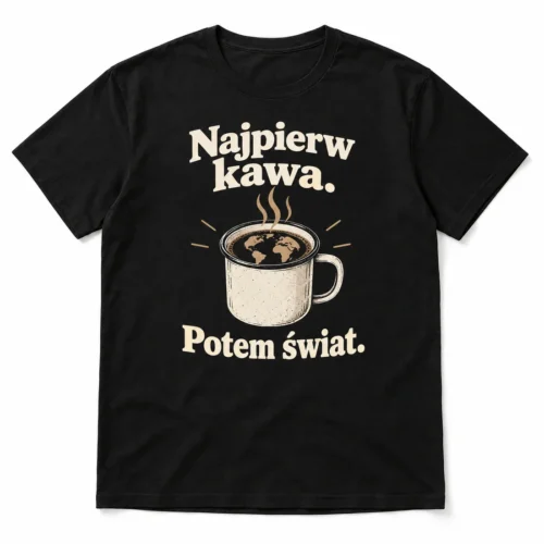 Koszulka męska Najpierw kawa. Potem świat. — widok produktu z przodu