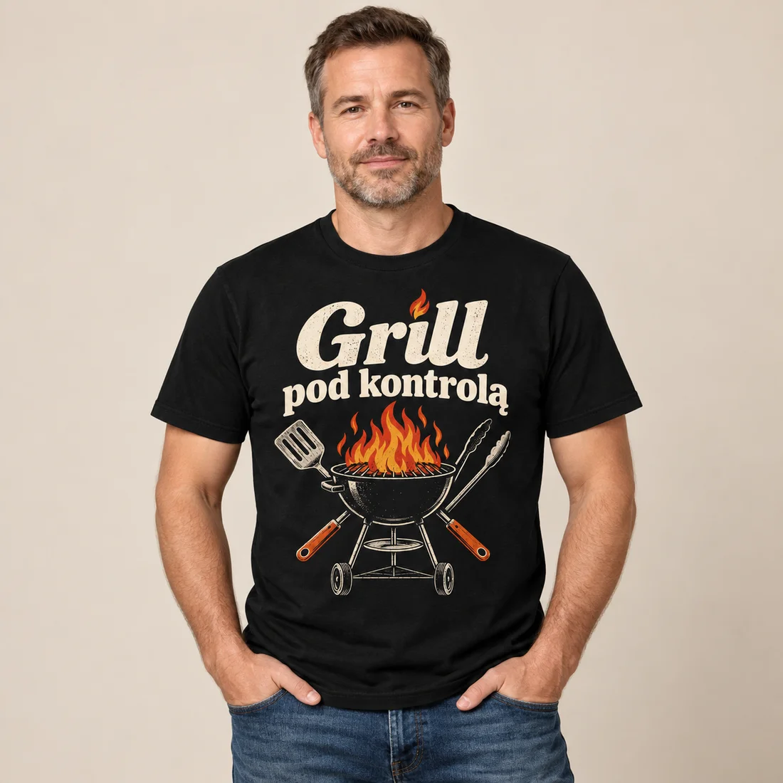 Koszulka męska Grill pod kontrolą — wizualizacja na modelu