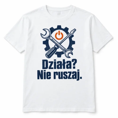 Koszulka męska Działa? Nie ruszaj. — widok produktu z przodu