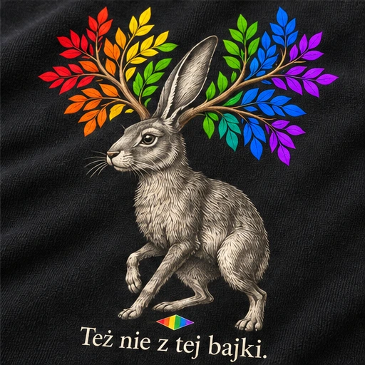 Koszulka damska — Też nie z tej bajki. — zbliżenie nadruku, kolor czarny