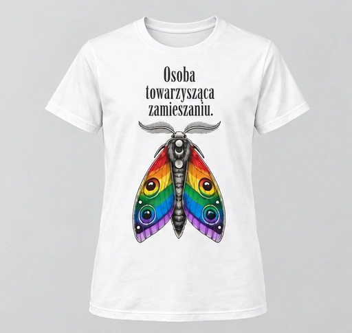Koszulka męska — Osoba towarzysząca zamieszaniu. — kolor biały, przód