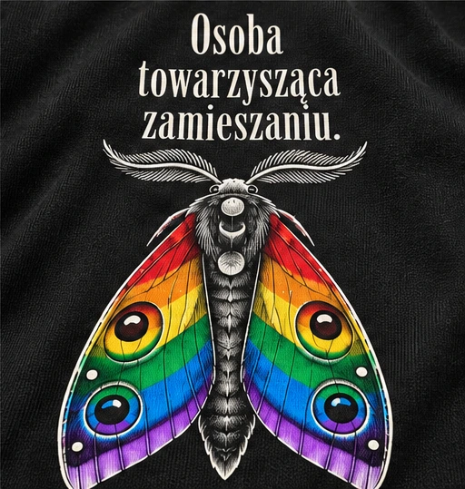 Koszulka męska — Osoba towarzysząca zamieszaniu. — zbliżenie nadruku, kolor czarny