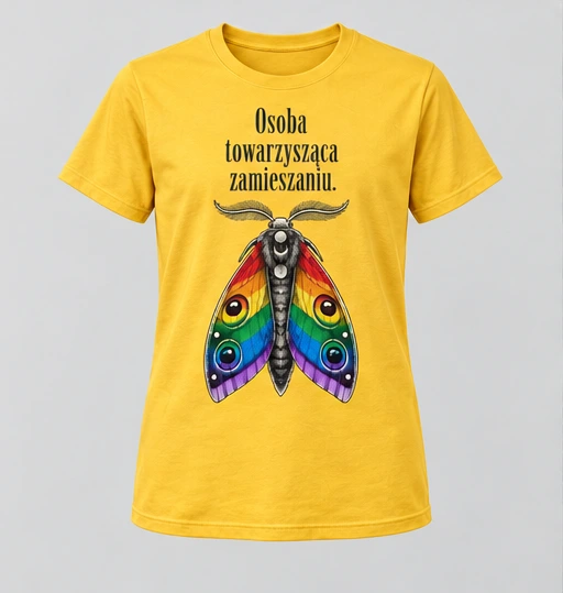 Koszulka męska — Osoba towarzysząca zamieszaniu. — kolor żółty, przód