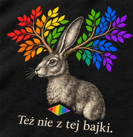 Koszulka męska — Też nie z tej bajki. — zbliżenie nadruku, kolor czarny